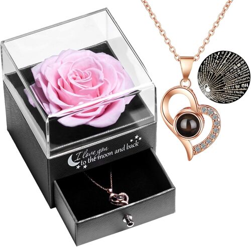 Véritable Rose éternelle avec Collier I Love You, Rose éternelle pour Anniversaire Noël la Saint-Valentin la Fête des mères,Cadeaux Femme