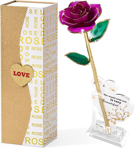 Rose Réelle Trempée en Or 24K, Violet - Fleur Infinity Élégante, Cadeau Romantique pour Femme, Idéal pour Anniversaire, Saint-Valentin, Fête des Mères, 1 Pack