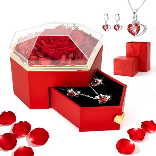 Rose Éternelle Avec Collier C?ur Et Boucles D'oreilles, Coffret Cadeau Rose Eternel Pour Femme, Boîte À Bijoux Pour Amie, Cadeaux Pour Saint Valentin, Fête Des Mères, Noël, Anniversaire