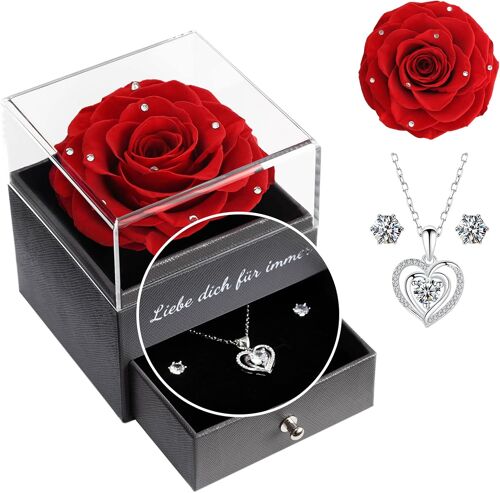 Rose Eternelle avec Parure de Bijoux Brillante, Cadeau Anniversaire Femme,\u201cJe t'aime pour Toujours\u201den Allemand Imprimé sur la Boîte, Cadeaux de Saint-Valentin pour Elle,Vraie Rose