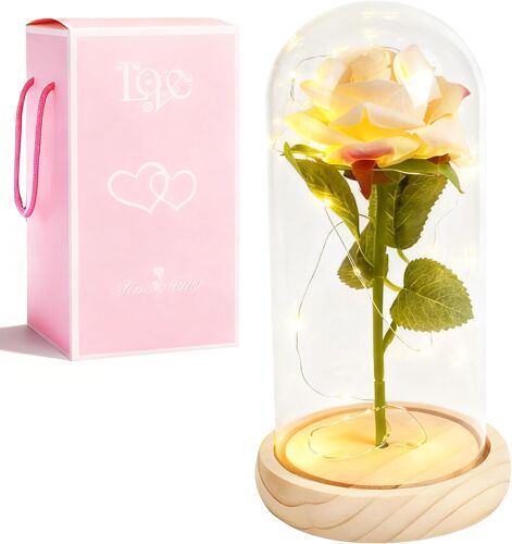 La Belle et la Bête Rose éternelle \u2013 Cadeau de fleurs pour femmes, rose sous cloche en verre avec LED et support en bois pour mère, épouse ou amie pour Noël, Saint-Valentin ou anniversaires - Or