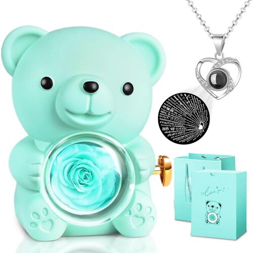 Coffret Cadeau Femme Ours en Rose avec Rose Éternelle, Ours en Rose avec Éternelle, Boîte à Bijoux Cachée Collier en Forme de C?ur, pour Fete des Grand Mere, Fête des Mères, Anniversaires, Mariages