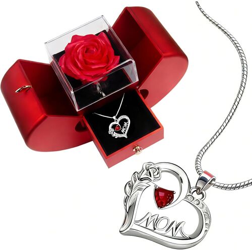 Rose Eternelle Pomme avec Collier Coeur Cadeau Noel Maman Coffret Fleur Eternelle avec Bijoux Boite Forever Flower Delivery Prime Christmas Mom Necklace pour Fête des Mères Saint Valentin Anniversair