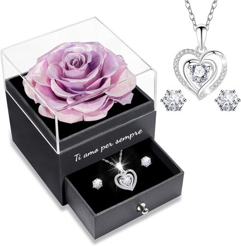 Rose Eternelle avec Parure de Bijoux Brillante, Cadeau Anniversaire Femme,\u201cJe t'aime pour Toujours\u201den Italien Imprimé sur la Boîte, Cadeaux de Saint-Valentin pour Elle,Vraie Rose