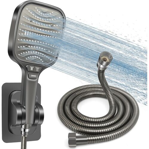 JGD-Kit Douche Haute Pression, Pommeau de Douche Anti-Calcaire 120mm 8 Modes + Tuyau 1.5m Inox + Support Sans Perçage, Douchette Économie d'Eau, Compatible Salle de Bain(Gris)