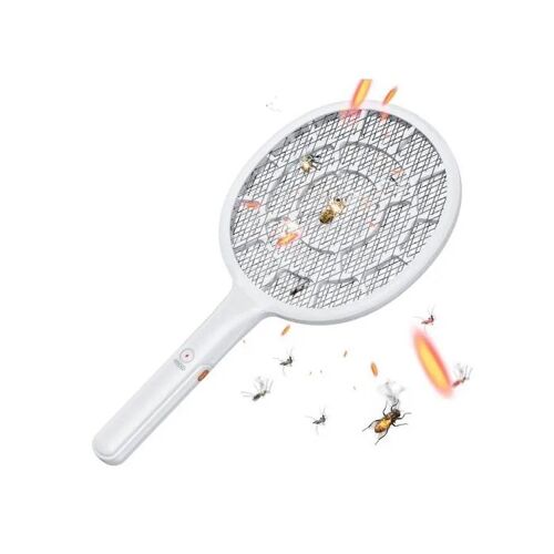 Raquette Tapette Électrique Mouches Moustiques Insectes 3000V Blanche avec Grille de Sécurité 3 Couches Haute Puissance Sans Fil