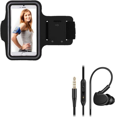 JGD-Pack Sport pour WIKO View 3 Pro Smartphone (Brassard de Sport + Ecouteurs Sport Intra-AURICULAIRE avec Micro) Courir T8 (Noir)