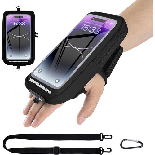 JGD-Brassard Sport 4-en-1 Porte Smartphone pour Bras Pochette de Ceinture avec Mousqueton pour iPhone 16/15/14 Pro Max Samsung Galaxy 6.8 Pouces Idéal pour Jogging Course à Pied Randonnée (Noir)