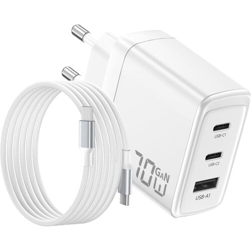 KALANKA-Chargeur USB C 70W pour Macbook, Charge Ultra-Rapide 3 Ports PD3.0 & QC3.0, GaN II Compacte avec Câble Tressé 2M, Compatible pour MacBook Pro/Air, pour iPhone 17/16, pour iPad, Galaxy, Pixel
