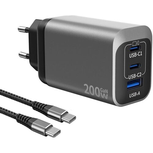 Chargeur USB C 200 W 3 Ports PD3.0+PPS GaN Tech Chargeur Rapide pour Ordinateur Portable avec câble C-C de 2 m Compatible avec MacBook Pro/iPhone 16/Galaxy 24