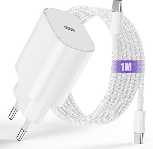 KALANKA-Chargeur iPhone 17 16 15, 25W USB C Chargeur iPad Adaptateur Rapide avec 1m C¿ble USBC to C pour iPad 12.9/11 inch, Air 5 4/iPad Pro 13/11,iPad 10/11/A16, IPhone 17 16 15 Pro Max Plus