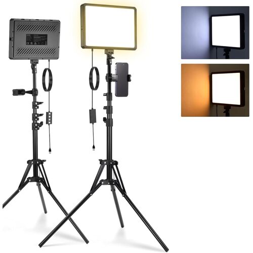 NEEWER BASICS Kit d'Lampe Photo, 2 Panneau LED, Bicolore 2700-6500K, Intensité Variable, avec 2 Trépieds de 59 pouces et 2 Supports de Téléphone,850lux pour Vidéo Photographie Tournage Streaming,BP300