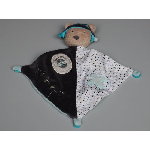 Doudou ours plat Sauthon Bon Voyage bleu gris blanc