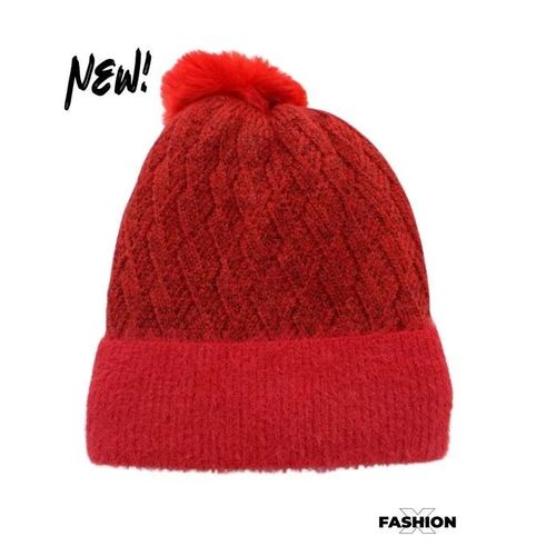 Bonnet Femme - Hologramme Paris - Modèle Avec Pompon - Couleur Rouge - 100% Synthétique - Taille Unique