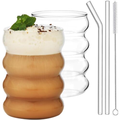 Lot De 2 Gobelets En Verre Ondulé Avec Pailles