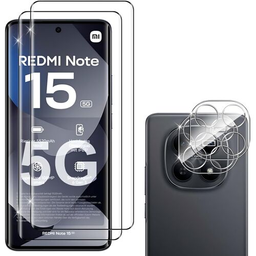 JGD-2 Pièces Verre Trempé pour Xiaomi Redmi Note 15 5G/POCO M8 5G avec 2 Pièces Caméra Arrière Protection Accessoire, 9H Dureté, Anti-Rayures, Sans Bulles Protection écran