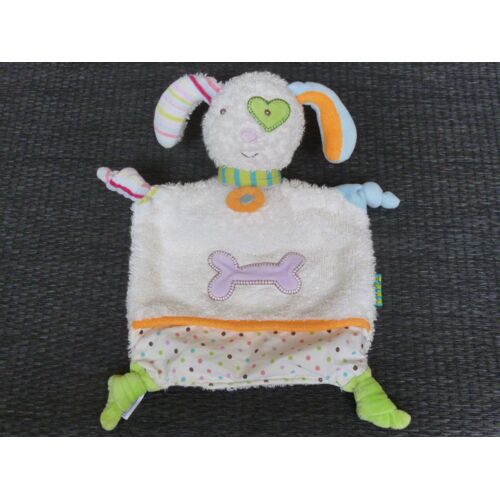 Doudou chien plat Babysun blanc os mauve orange vert