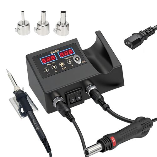 Station de réparation numérique à air chaud 2 en 1 avec trois buses à air chaud pour la réparation électronique : haute puissance, débit d'air efficace, affichage °F/°C, température précise