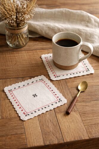 Lot De 2 Dessous De Tasse Vintage En Lin ¿ Broderie Main ¿ Mini Napperons Anciens ¿ 12 × 12 Cm
