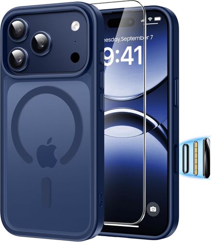 KALANKA-Coque pour iPhone 17 Pro avec Verre Trempé, Contrôle de l'appareil Photo, Compatible avec MagSafe, Etui Translucide Mat Arrière Housse Antichoc pour iPhone 17 Pro 6.3"", Bleu foncé