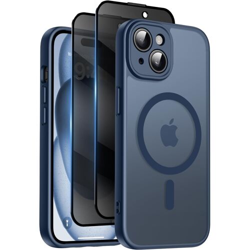 JGD-Coque Magnétique pour iPhone 15 avec 2 Verre Trempé Anti-Espion, Compatible avec MagSafe, Étui Mat Translucide Arrière Housse Antichoc Anti-Rayures, Bleu