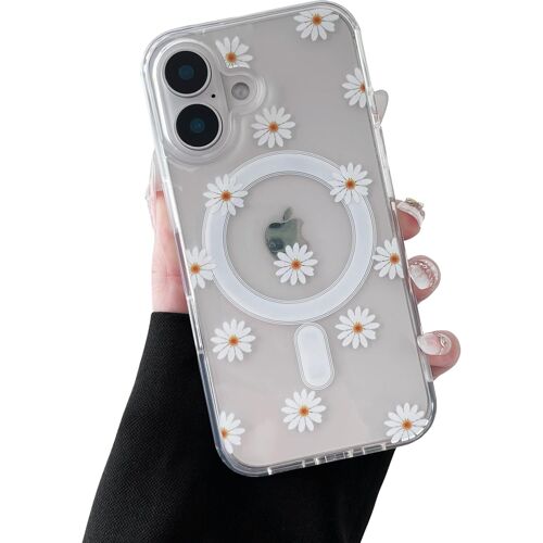 LORANKA-Coque Magnétique pour iPhone 17, Étui Souple Transparent avec Motif Fleurs Compatible avec Magsafe Charge sans Fil, Coque Protecteur Résistant- Marguerite