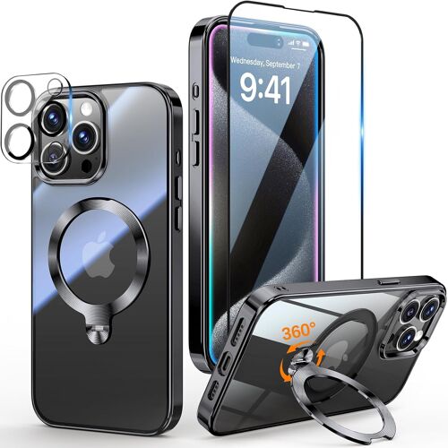 3 en 1 Coque pour iPhone 15 Pro Max 6.7"" [Coque Magnétique Puissant pour MagSafe] [360° CD Support Rolatif] [avec Protection Caméra & Écran] Coque Antichoc Électroplaquée, Noir