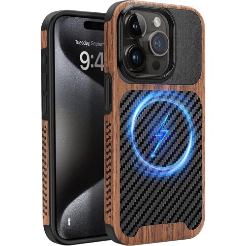 LORANKA-Coque Magnétique pour iPhone 15 Pro Max [Compatible avec MagSafe] Étui de Cuir en Bois et Carbone Protection Antichoc Housse pour iPhone 15 Pro Max - Noir