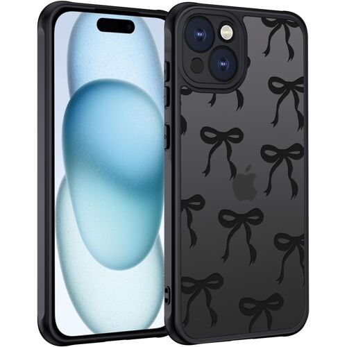 KALANKA-Coque pour iPhone 15, Étui Mat Translucide avec Motif de N?ud Arc Papillon Minimaliste Housse PC Dur Arrière Anti-Rayures + TPU Bumper Fine Antichoc, Noir