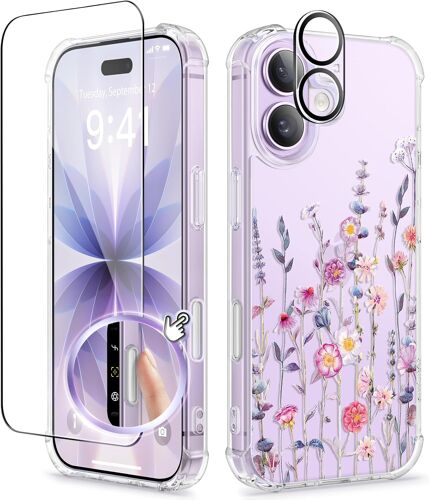 Coque pour iPhone 17 6,3"" 2025, avec Protection d'écran et d'objectif résistante aux Chocs de qualité Militaire,Motif Floral Transparent Fine et protectrice pour Femme,Floratopia/Coloré