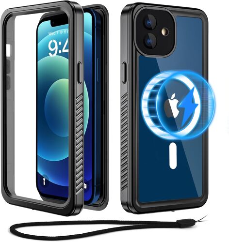 KALANKA-Coque pour iPhone 12 Étanche - Compatible avec Magsafe-IP68 Étanche 360 Intégrale, Magnétique Étui pour iPhone 12 (6,1'')-Antichoc Militaire, Protection Écran+Camera Waterproof Noir