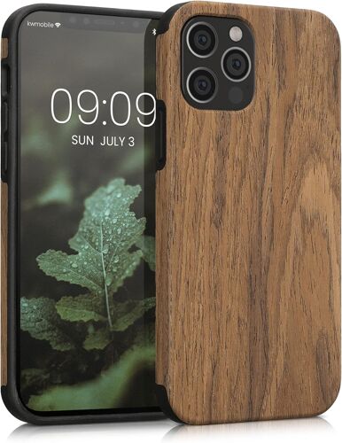 KALANKA-Coque Compatible avec Apple iPhone 12 / iPhone 12 Pro - Étui de Protection pour Téléphone Portable en Bois et TPU - Grain de Bois Marron
