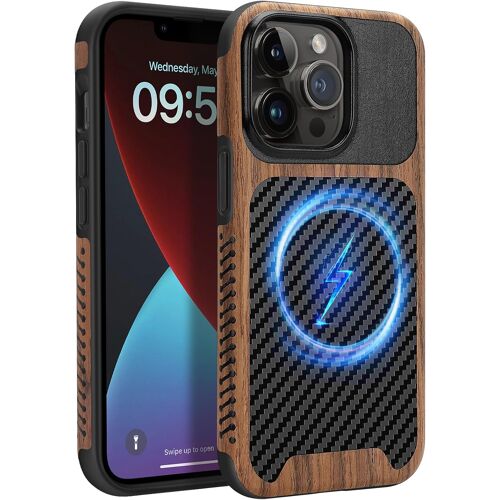 JGD-Coque Magnétique Compatible avec iPhone 13 Pro Max Étui de Cuir en Bois et Carbone Protection Antichoc Housse pour iPhone 13 Pro Max - Noir