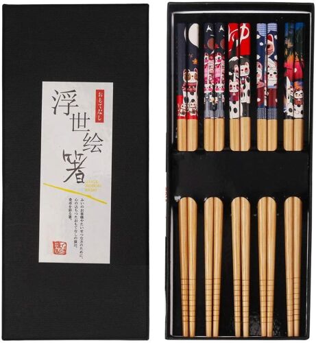 Kalanka-Baguettes Chinoises, 5 Paires Reutilisable Baguettes Japonaises En Bambou Chat Porte-Bonheur Antidérapant Korean Chopsticks Avec Boîte Pour Riz Nouilles Zongzi (8.9 Inches)