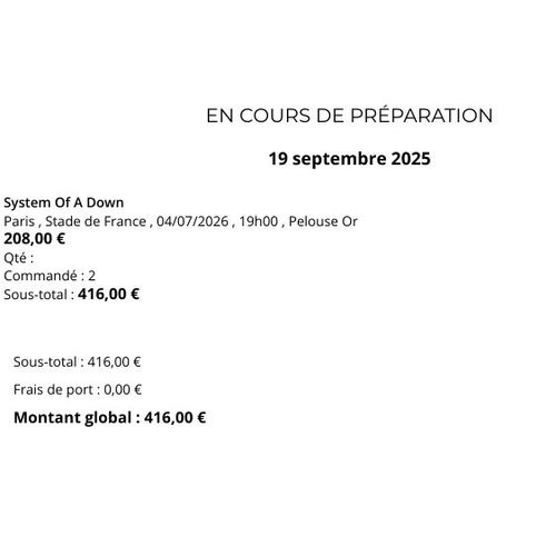 Lot De 2 Places Pour Le Concert De System Of A Down Le Samedi 4 Juillet 2026 Au Stade De France.