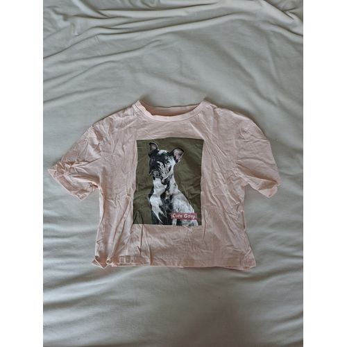 T-Shirt Fille Rose Pâle, Dessin De Chien Sur Le Devant, Jamais Porté, Taille 12 Ans, Marque Gémo.