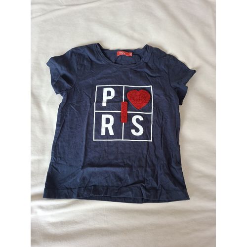T-Shirt Fille Bleu Marine, Tissaia, Marque 12 Ans, Motif De Paris Sur Le Devant, Très Bon État