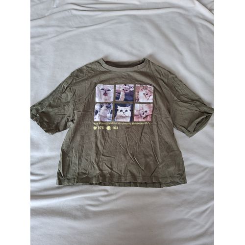 T-Shirt Fille Kaki, Dessin De Chat, En Très Bon État, Marque Gémo, Taille 12 Ans