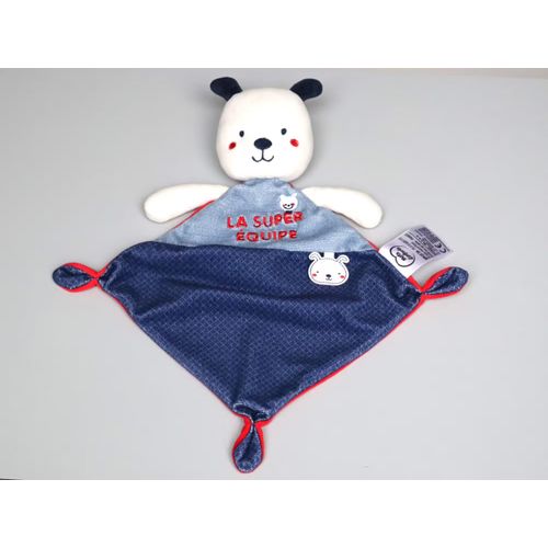 Doudou chien plat Mots d Enfants La Super Equipe bleu blanc rouge