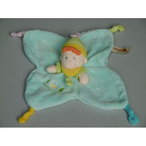 Doudou lutin plat Nicotoy bleu vert jaune grelot
