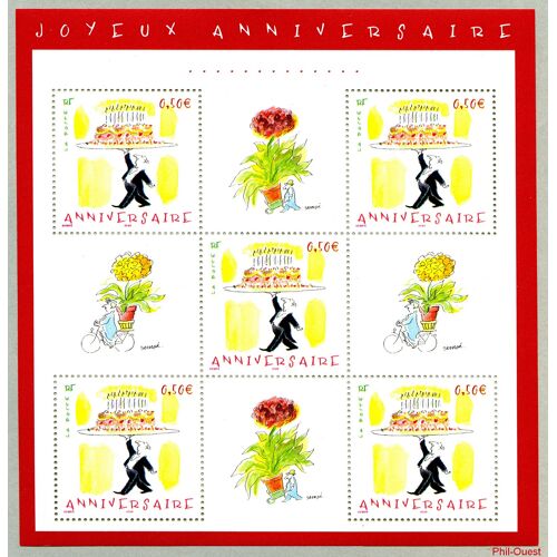Timbres Pour Anniversaires : Maître D'Hôtel Portant Le Gâteau Dessin De Sempé Bloc Feuillet 75 Année 2004 N° 3688 Yvert Et Tellier Luxe (5 Timbres)