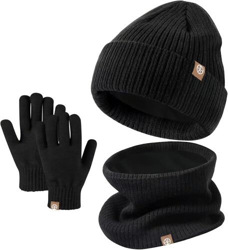 Ensemble de gants d'hiver pour enfants - Bonnet tricoté thermique avec cache-cou en polaire douce pour enfants de 2 à 8 ans