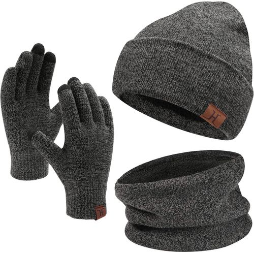 Hommes Femmes Hiver Chaud Bonnet Gants Tactiles Écharpe Tricoter Ensemble Avec Doublure Polaire Cadeaux Noel Femme Homme