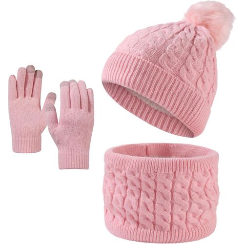 Enfant Bonnet Écharpe Et Gants Ensemble,Polaire Snood Bonnet Chapeaux Avec Pompon Polaire Doublé Chauffe-Cou Écharpe Et Gants Écran Tactile Pour Fille Garçon 5-12