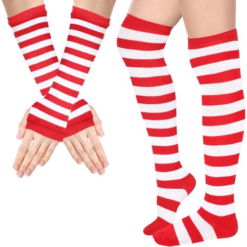 Ensemble De Chaussettes Et Manchettes Rayées Noires, Halloween Chaussettes Hautes Rayées, Gants Longs Sans Doigts, Accessoires De Costume Pour Femmes Et Filles Carnaval Halloween Cosplay
