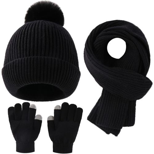 Ensemble Bonnet, Écharpe Et Gants Tactiles Pour Enfant Garçon Ou Fille Bonnet Chaud En Tricot Avec Pompon Écharpe Longue Chauffe-Mains