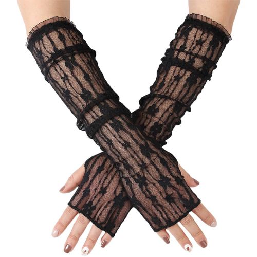 Gants Longs En Dentelle Vintage Pour Mariage, Opéra - Accessoires De Costume De Fête Sans Doigts Pour Femme (Noir)