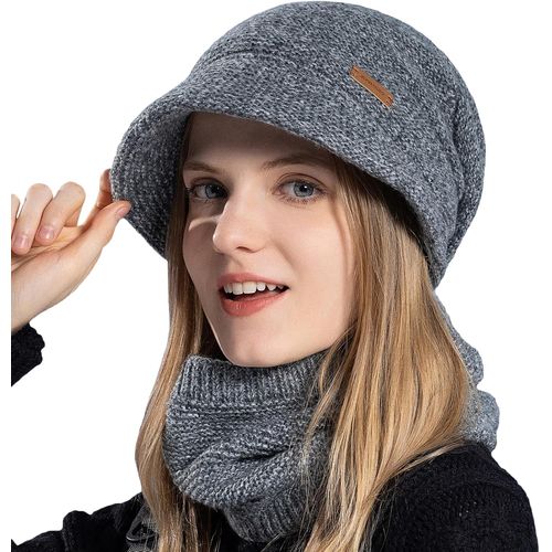 Ensemble Bonnet Femme Écharpe, Bonnet Tricoté Slouchy Chaleureux, Bonnet Épais Doublé Fleece, Capuche Hiver, Écharpe Réchauffeur De Cou, Plusieurs Couleurs - (2 Pièces)