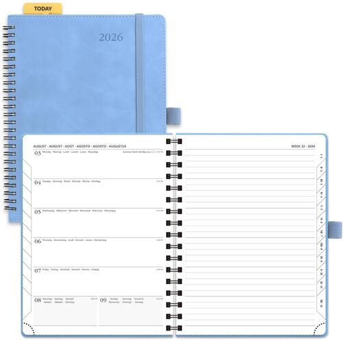Agenda 2026 Semainier Et Carnet De Notes Moyen 22 X 16,5 Cm - Couverture Spirale En Cuir Weekly Planner D'jan 2026 À Déc 2026, Onglets Mensuels, Papier 100 G/M², Bleu Cyan