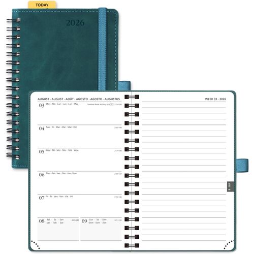 Agenda De Poche 2026 Semainier Et Carnet De Notes 16 X 10,5 Cm - Couverture Spirale En Cuir A6 Petite Planner, D'jan 2026 À Déc 2026, Règle Signet, Papier 100 G/M², Pétrole Vert